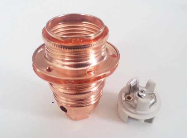 E14 bulb holder 3 part plus 2 shade rings in copper plate 10mm thread