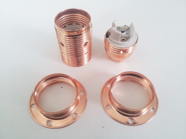 E14 bulb holder 3 part plus 2 shade rings in copper plate 10mm thread
