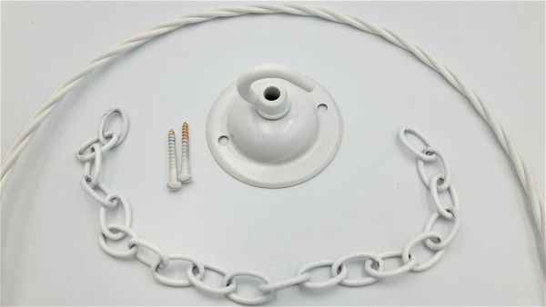 White ceiling hook with screws chain and braided flex