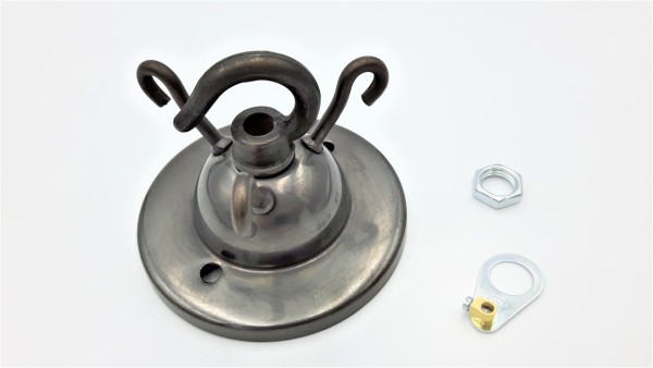 3 hook old bronze finish ceiling pendant plate with centre hook and earth tag