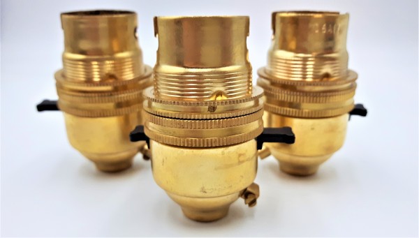 Brass Switched lamp holder B22 Brass Finish 10mm base thread pack of 3