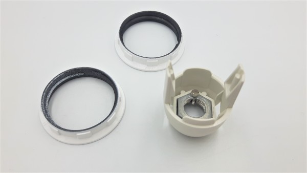 E14 Bulb Holder 2 Part Threaded Skirt and 2 Shade Rings White Plastic 