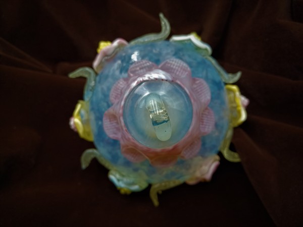 Antique Venetian chandelier lower finial ball blue yellow and pink
