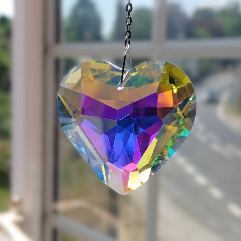 Crystal heart sun catcher on a silver coloured hanging chain