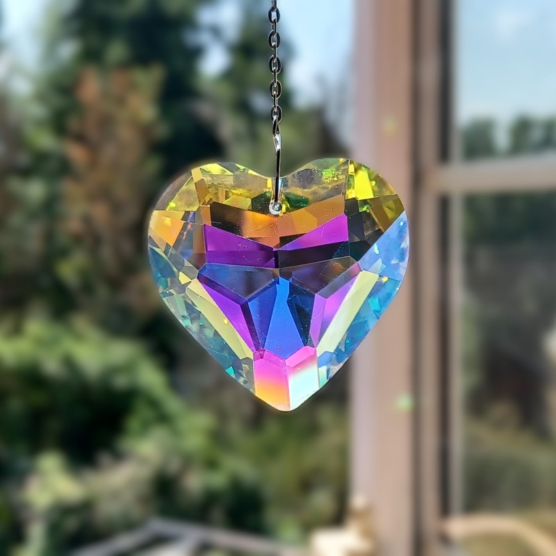 Crystal heart sun catcher on a silver coloured hanging chain