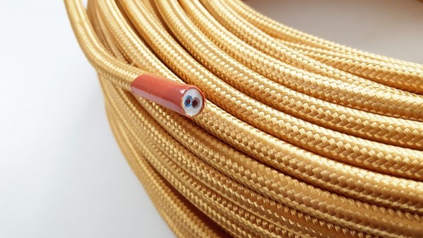 Pale gold over braid round silk flex 2 core 0.50mm inner core fabric cable wire